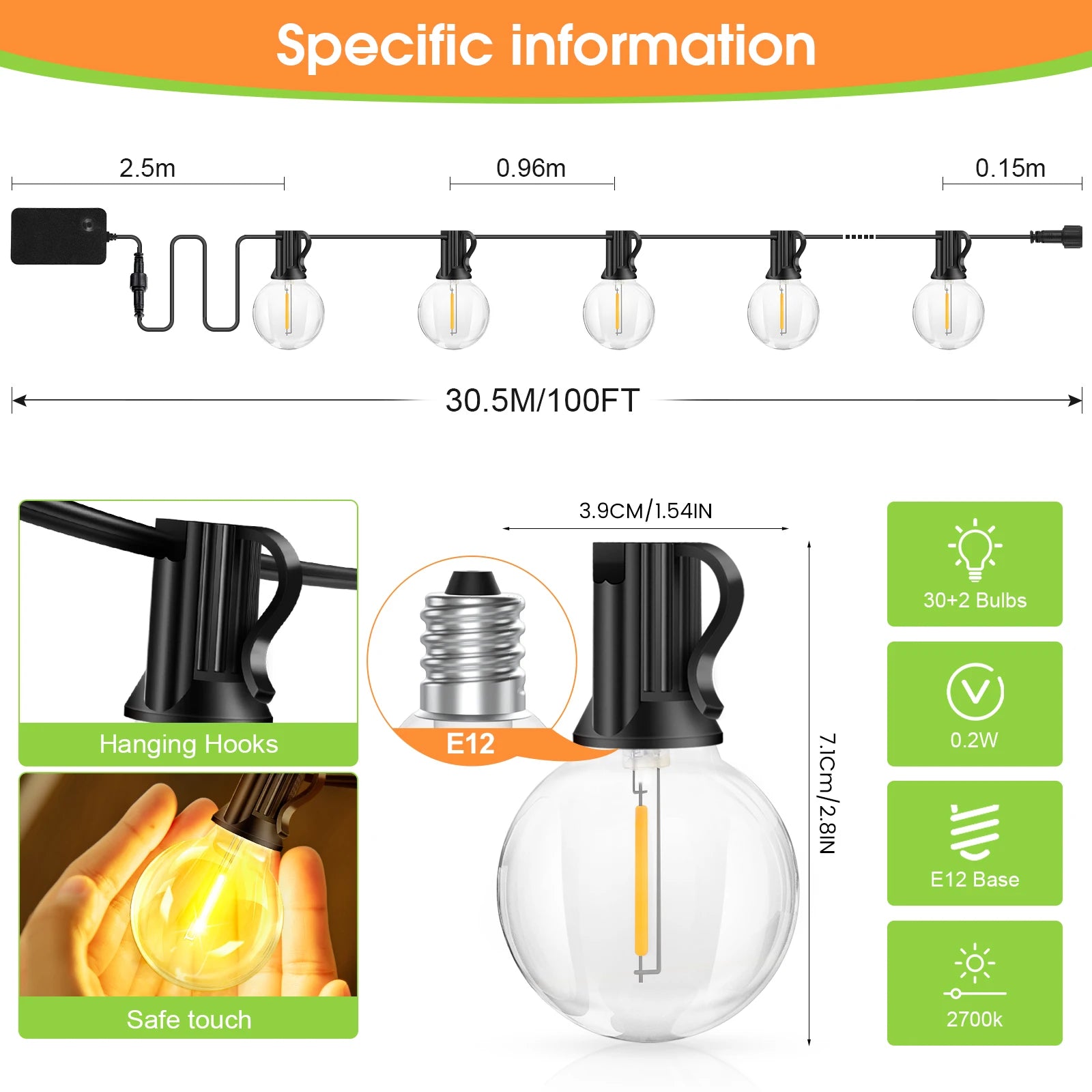 30M Outdoor String Lights G40 LED