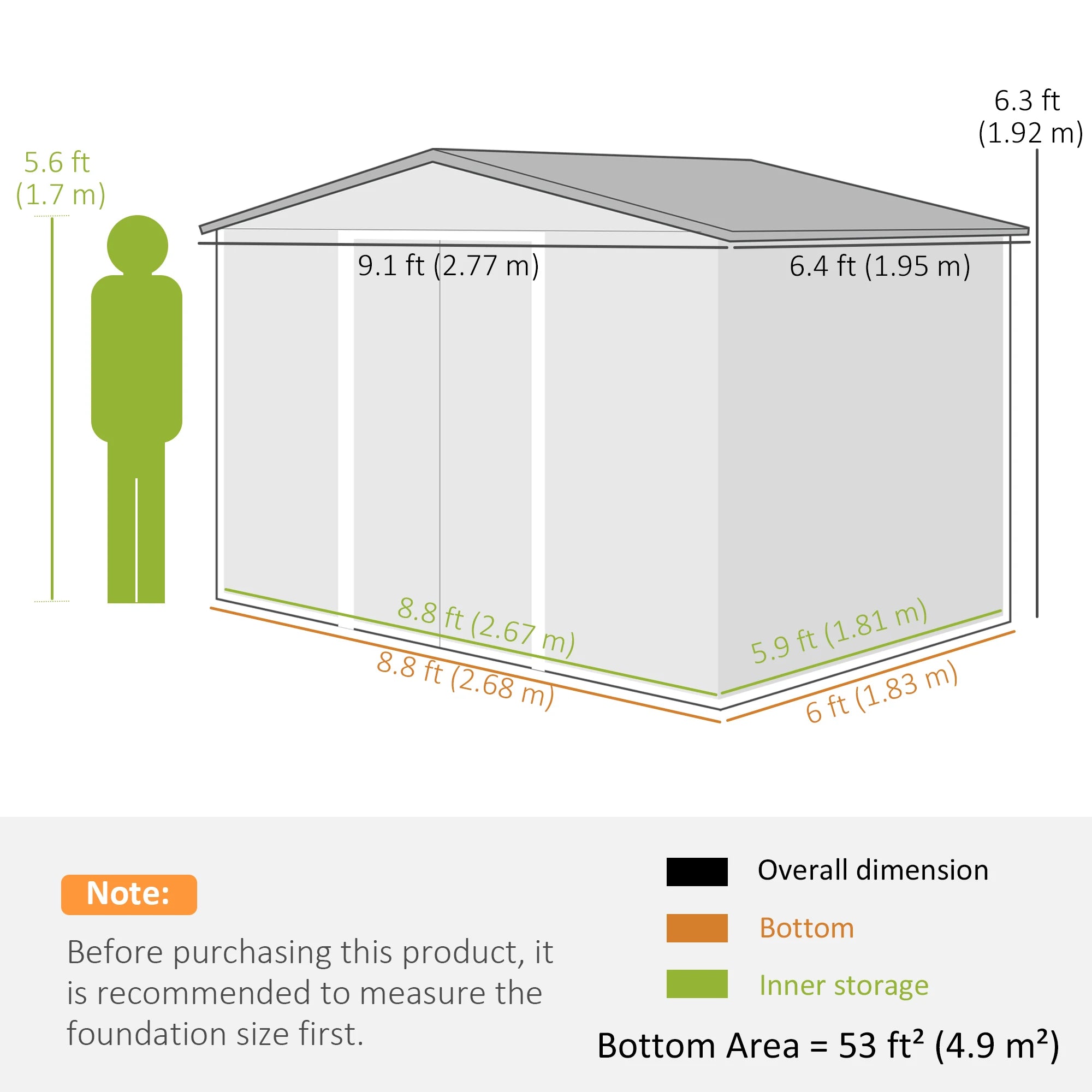 9 x 6ft Metal Garden Shed, Outdoor Storage, Lockable Double Doors, Dark Grey