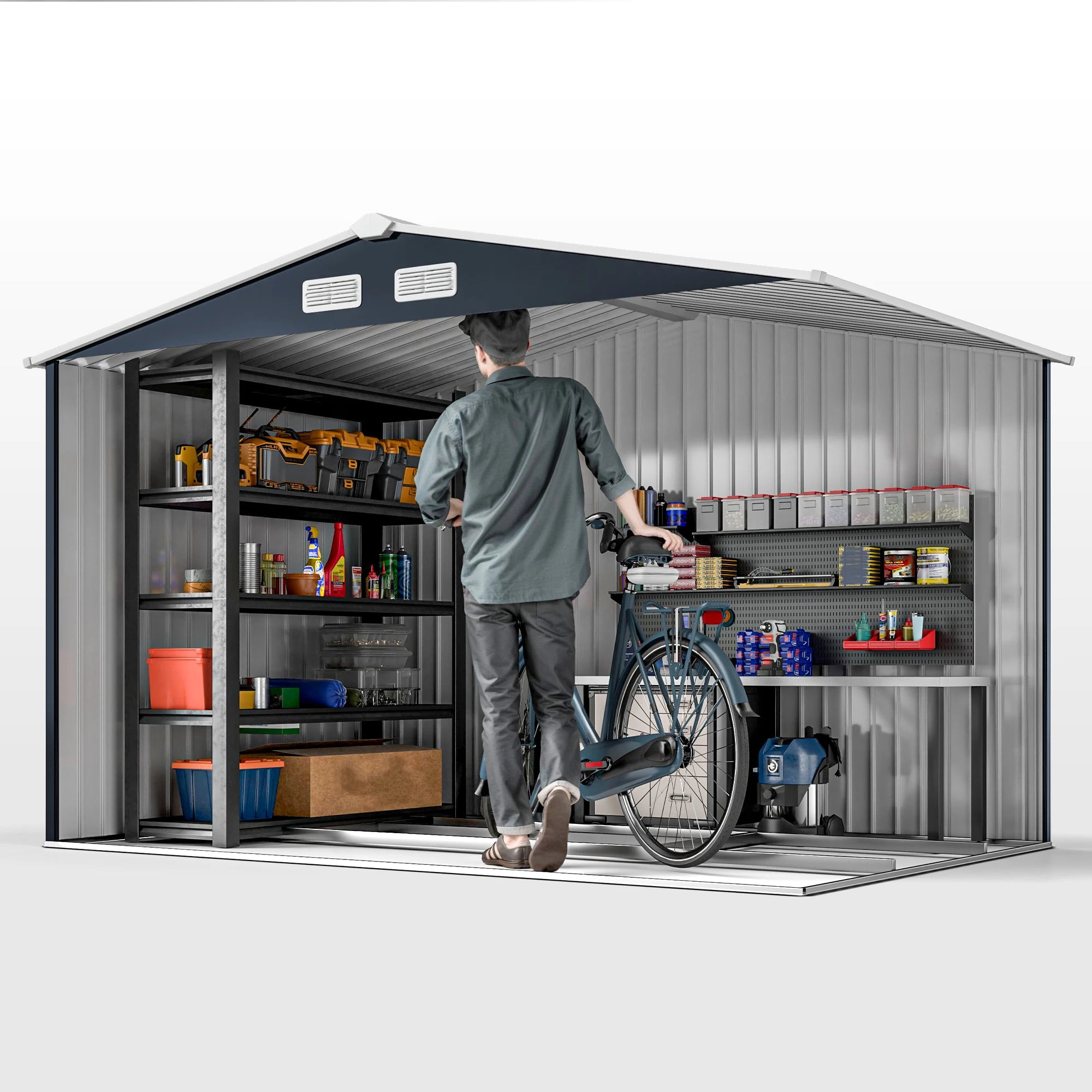 9 x 6ft Metal Garden Shed, Outdoor Storage, Lockable Double Doors, Dark Grey