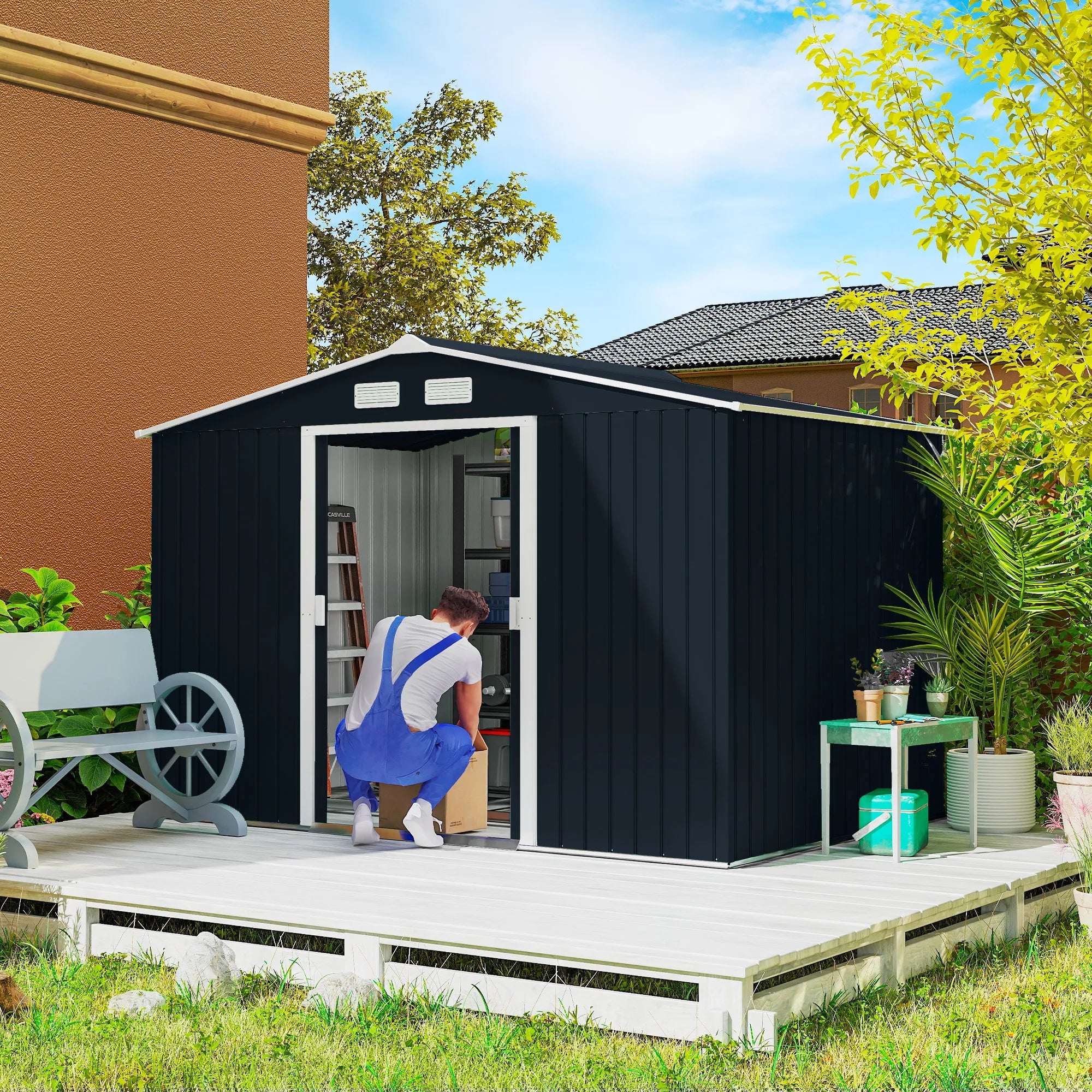 9 x 6ft Metal Garden Shed, Outdoor Storage, Lockable Double Doors, Dark Grey