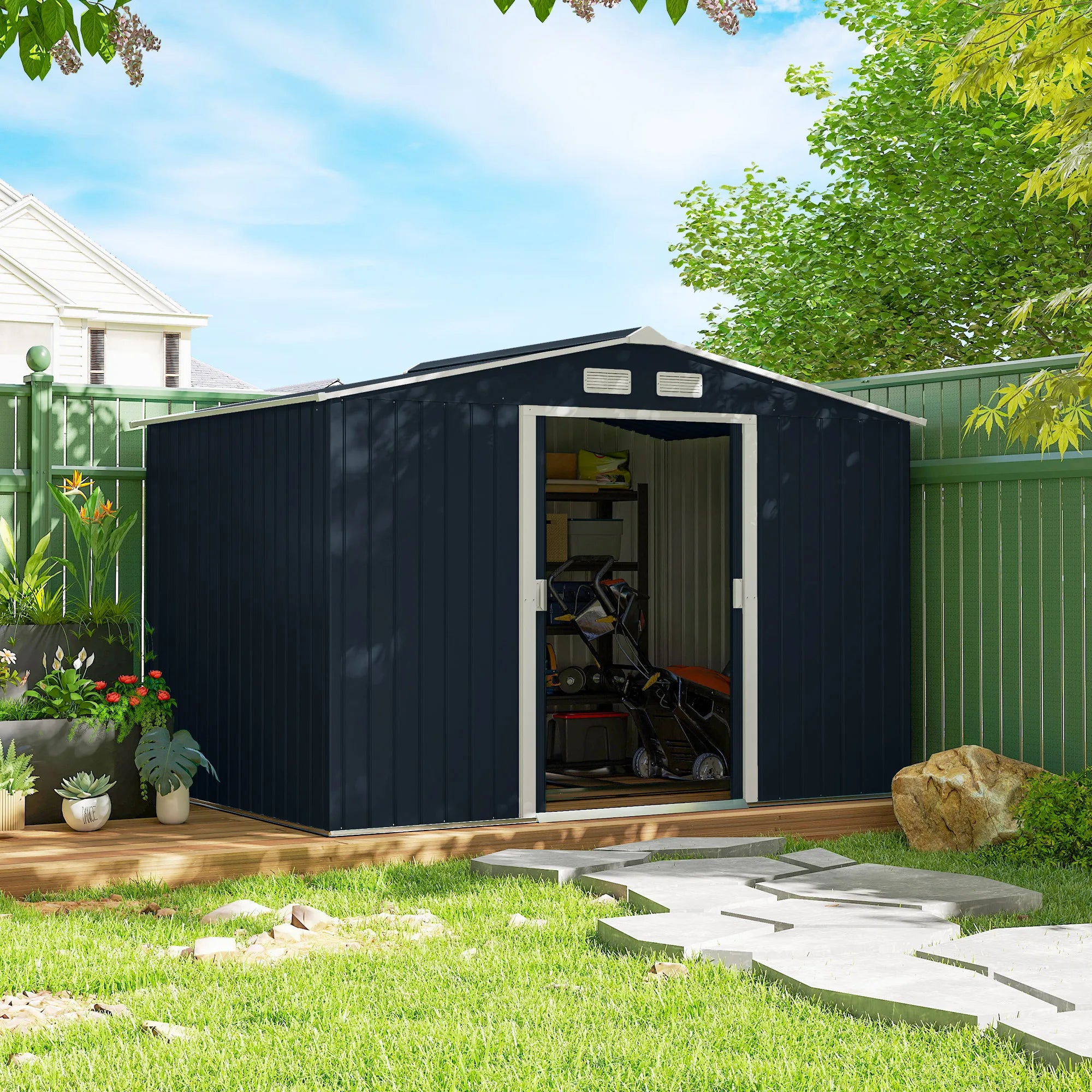 9 x 6ft Metal Garden Shed, Outdoor Storage, Lockable Double Doors, Dark Grey