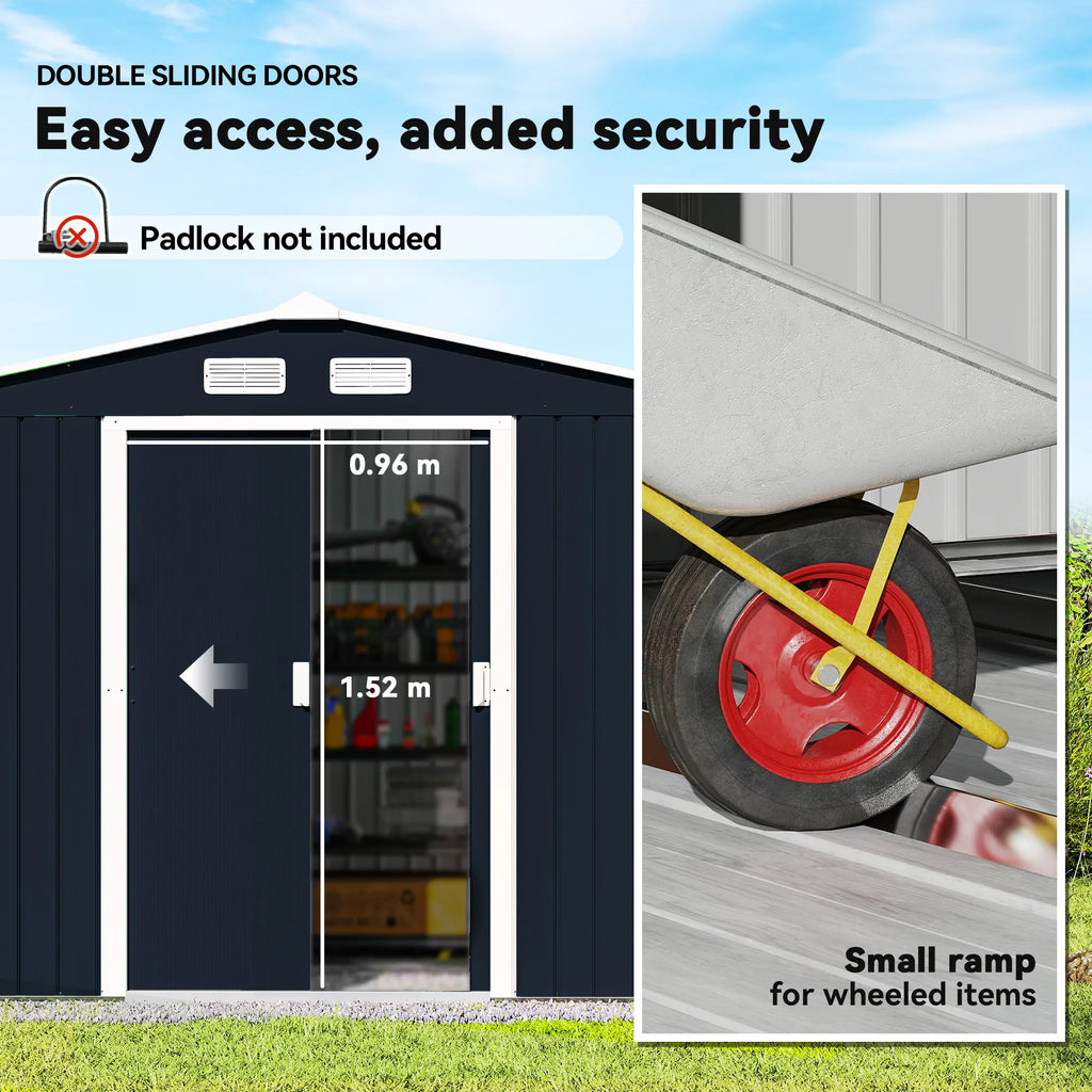 9 x 6ft Metal Garden Shed, Outdoor Storage, Lockable Double Doors, Dark Grey