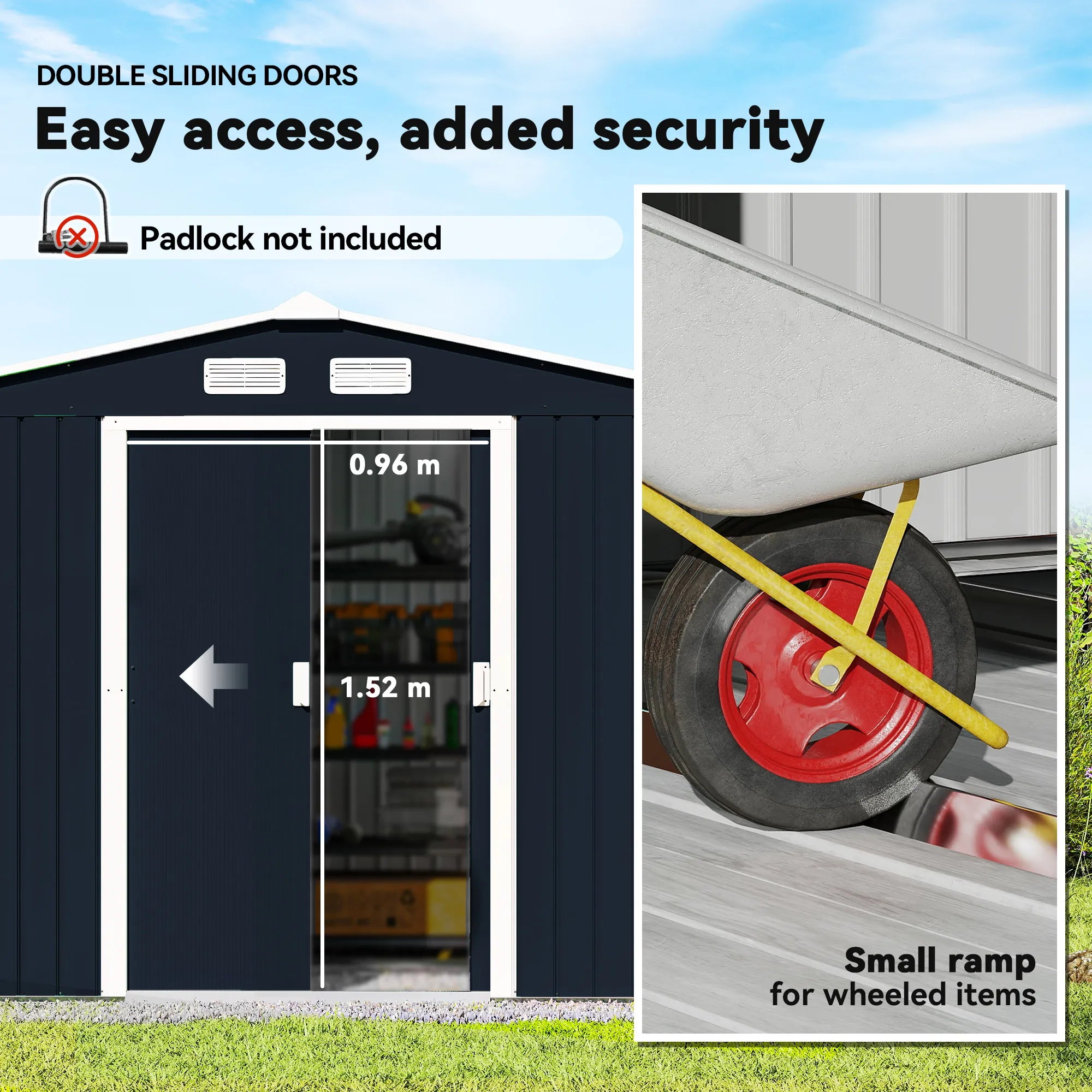 9 x 6ft Metal Garden Shed, Outdoor Storage, Lockable Double Doors, Dark Grey